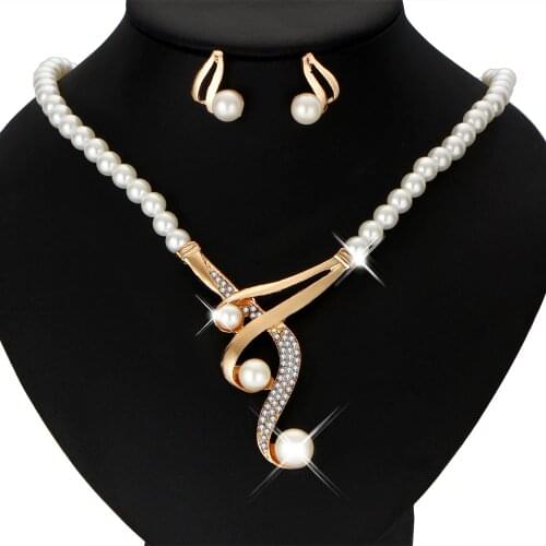 Vintage African Simulated Pearl Bridal Jewelry Sets For Women Wedding Crystal Gold Color Necklace Earrings Bracelet Set