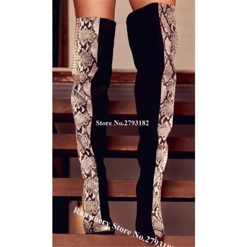Western Style Pointed Toe Suede Snake Patchwork Stiletto Heel Over Knee Boots Sexy Back Zipper-up Long High Heel Boots Shoes