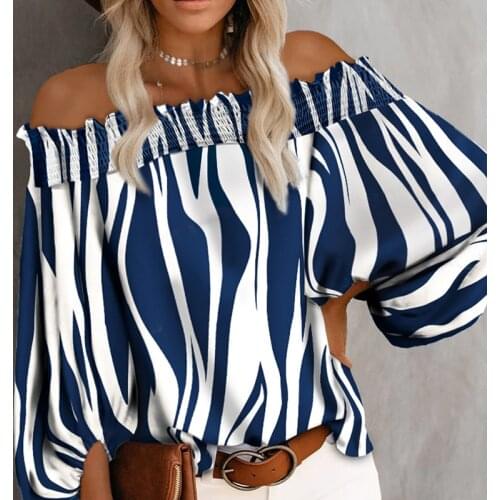 2021 Women Fashion Striped Print Shirt Lady Long Sleeve Blouse Tops Off Shoulder Shrring Puff Sleeve Casual Shirts