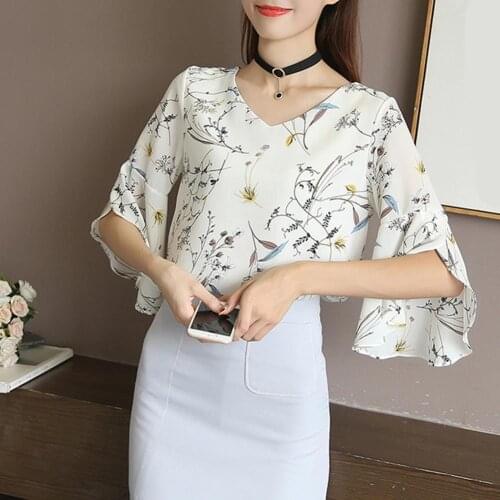 2021 Summer Autumn Fashion Chiffon Blouse Women Flower Print Half Flare Sleeve Blouse V Neck Loose Shirt Elegant Lady Blouse