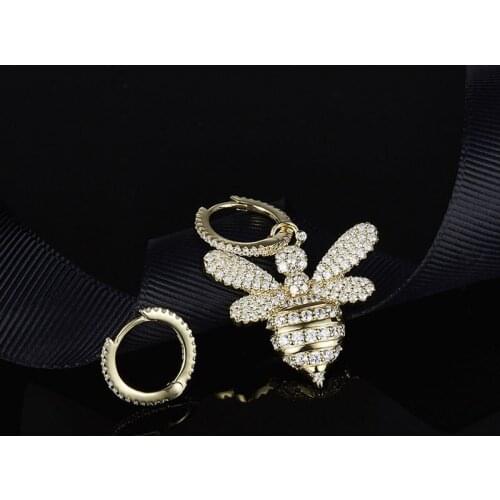 SLJELY New 925 Sterling Silver Gold Color Asymmetry Bumble Bee Earrings Cubic Zirconia Stones Women The Adventurer Brand Jewelry