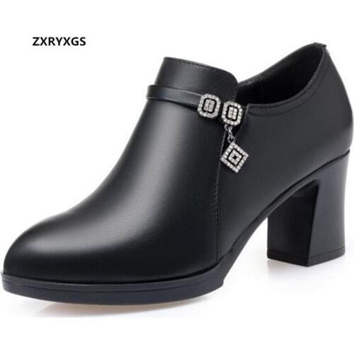 Top Cowhide Rhinestones Autumn Leather Shoes Fashion Elegant High Heel Shoes Woman Shoes 2020 New Warm Winter Shoes Large Size