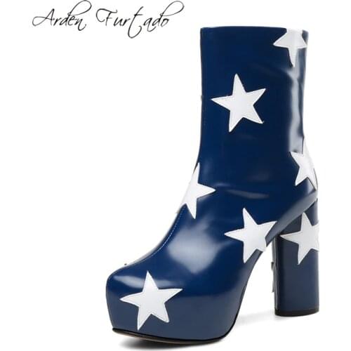 Arden Furtado 2020 spring autumn winter chunky heels high heels 12cm stars platform blue mid-calf boots zipper fashion shoes 43