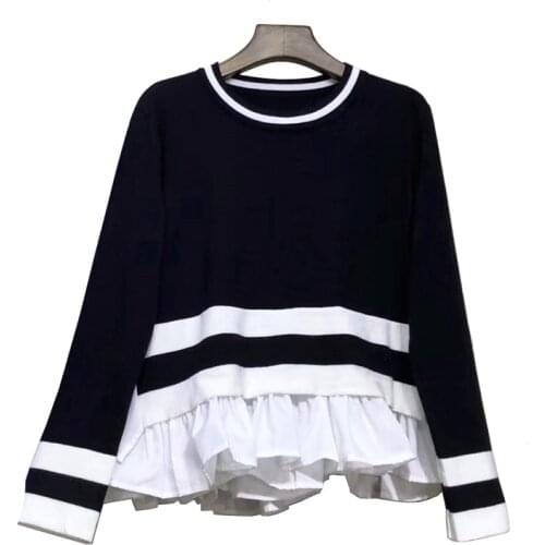 VSUE Women Sweater Knitted Black White Patchwork Pullovers Long Sleeve Casual Winter Ruffle O Neck Chic M0270