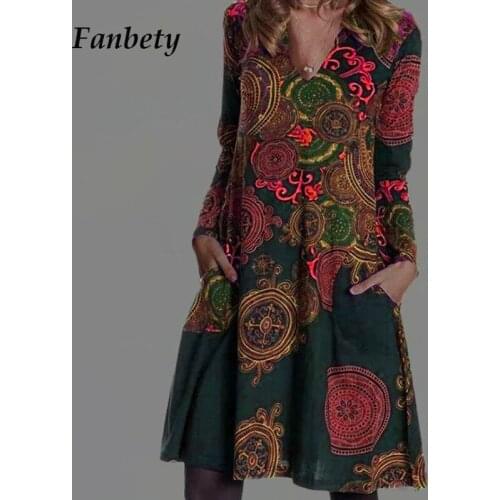 2021 Spring Fashion Retro Floral Printed Party Dress Women Elegant V-Neck Casual Long Sleeve Dresses Ladies Loose Pocket Vestido