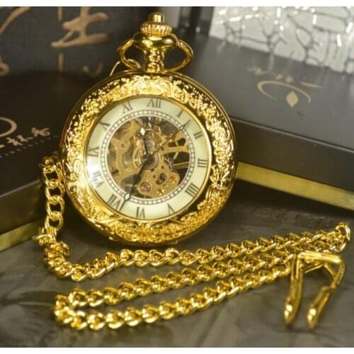 10pcs/lot Gold Roman Numerals Mechanical Watches Hollow Luxury Brand Hand Wind Necklace Pocket & Fob Watch Chain Wholesale