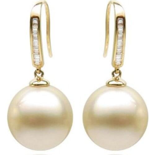18K Yellow Gold AAA Cream South Sea Cultured Pearl Diamond Drop Earrings 12-13MM
