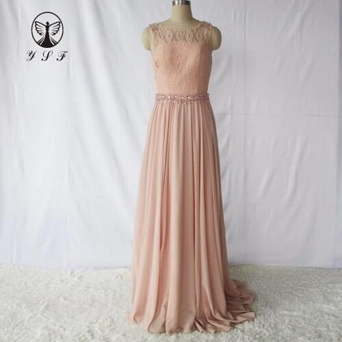 2018 Fashion Coral Pink O Neck Beaded Stones Sashes Sleeveless A Line Sweep Train Bridesmaid Dresses