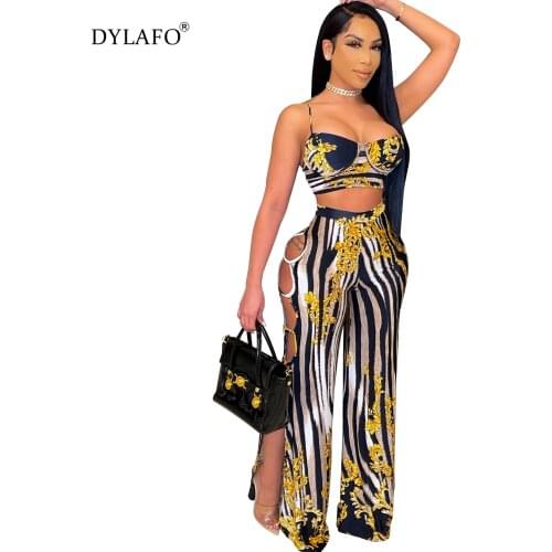 2021 Summer Slim Print Women Two Piece Set Sexy Straps Crop Top And Wide Leg Pants Suit Casual Matching Sets Outfits For Women