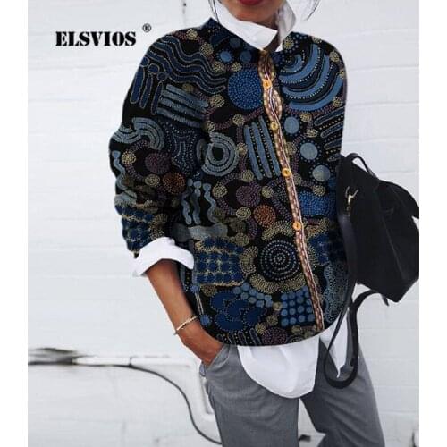 Women Autumn Winter Knitting Blouse Casual Turn-down Collar Buttons Elegant Floral Print Top Loose Streetwear Ladies Blouses 3XL