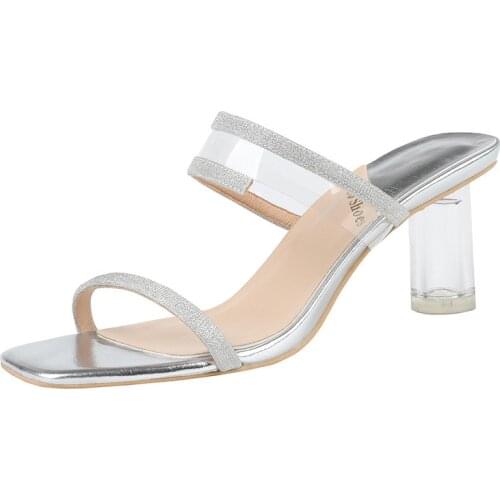 Women sandals PU Slip On Sequined Cloth 6CM Thick heel High heels Square Toe Rhinestones Bling Shallow women shoes size 35-42