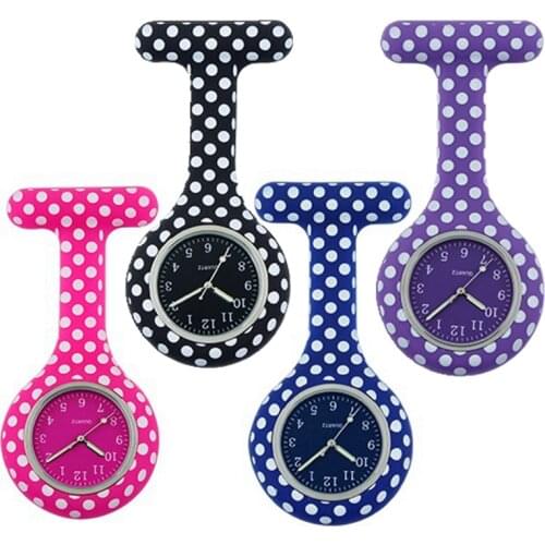 10pcs/lot colorful unisex ladies women silicone white dots printing nurse pocket watches mens doctor hospital quartz hang watch
