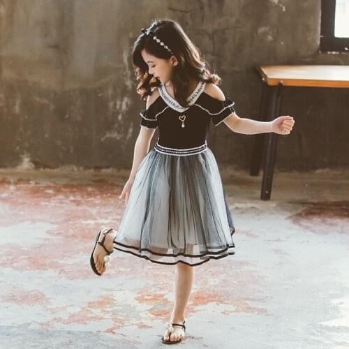 Childrens wear girls summer dress 2020 new little girl foreign dress in the big boy Off-the-shoulder mesh dress