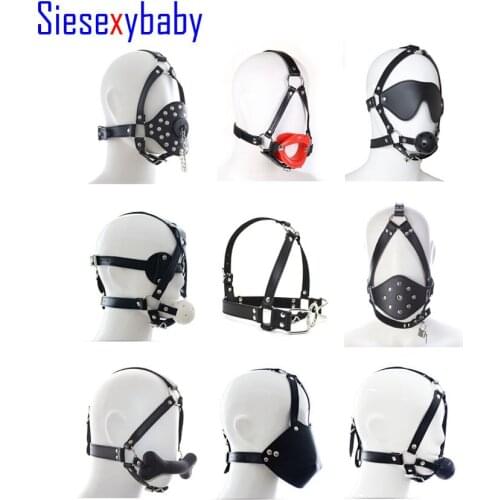 PU Leather Head Hood Mouth Gag BDSM Bondage Restraints Oral Fixation mouth stuffed Flirting Sex Toys for Adult Game 003 series