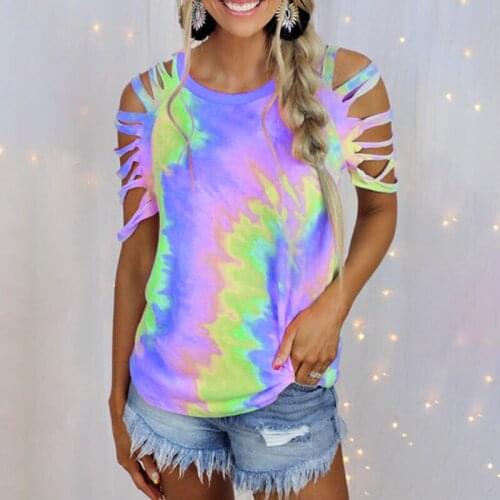 Popular Tie Dye Printing Short-Sleeved T-Shirt Strapless Sexy Casual T-Shirts Summer New Round Neck Hollow Out Sleeve Top