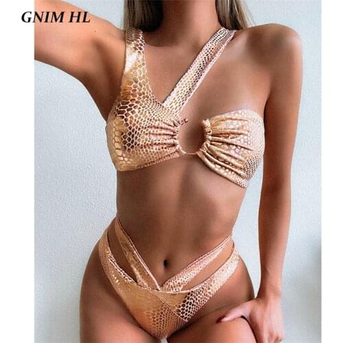 GNIM Sexy Shiny Swimwear Women Push Up One Shoulder Bikini Mujer 2020 Summer Brazilian Swimsuit Female Two Pieces Halter Biquini