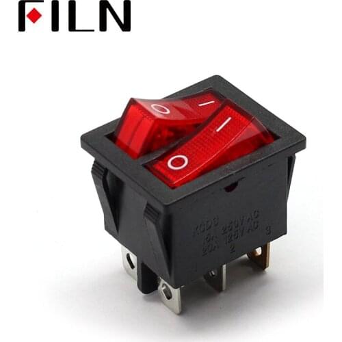 Kcd4 15A 250v AC double pole double gang rocker switch 2 way red copper pin red 220v lamp on off switch with 6 pins