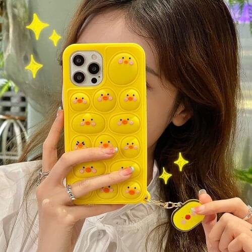 Cute Cartoon Yellow Duck with Pendant Phone Case for iPhone 11 12 Pro MAX X XS XR 6S 7 8 Plus Relief Stress Bubble Soft Cover