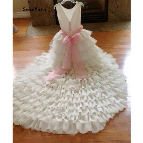 Long Train Tiered First Communion Dress for Girl Kid toddler Pageant Evening Prom Gown party occasion frocks