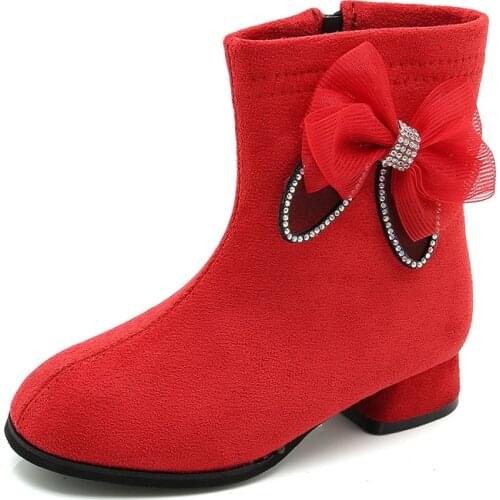 Fashion bow princess girl shoes for kids 10 to 12 year old children Socks High heels shoes comfort winter black warm Suede boots