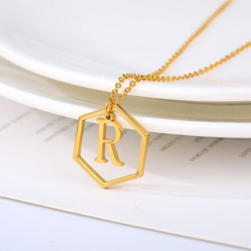 Initial A-Z Letters Necklace Gold Stainless SteelColor Hexagon Geometric Monogram Pendant Necklace Jewelry Gifts Bijoux Femme