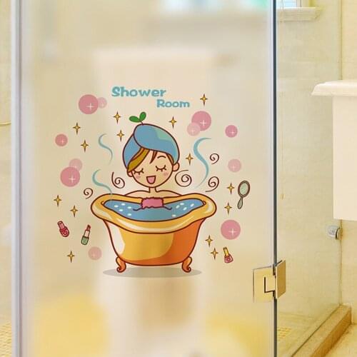 Lovely girl in the bath Glass Door Wall Sticker Shower Waterproof bathroom Home Decoration Art Decals Stickers wallpaper