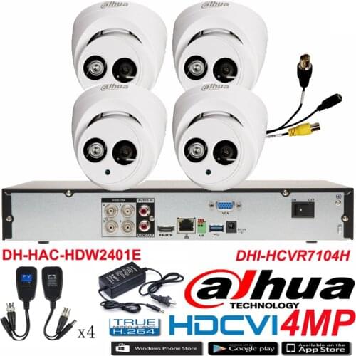 Original DAHUA 4MP Waterproof Camera DH-HAC-HDW2401E CVI Dome camera with 4CH Digital CVR DHI-HCVR7104H security camera kit