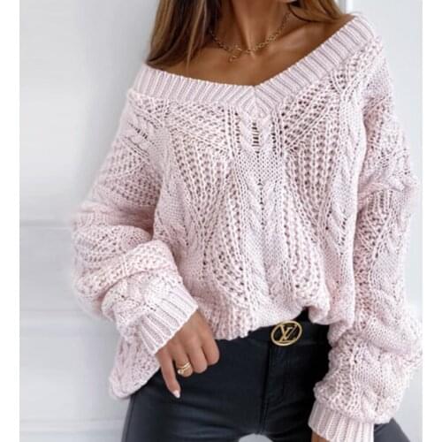 Autumn V Neck Loose Sweaters Women Long Sleeve Casual Tops Hollow Out Sweaters Pullovers 2021 Female Winter Jumpers Clothes