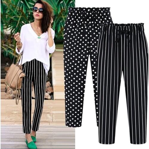 Casual Women Trousers 2020 Summer Ankle-Length Drawstring High Waist Dot Striped Chiffon Harem Pants Female L-5XL Plus Size