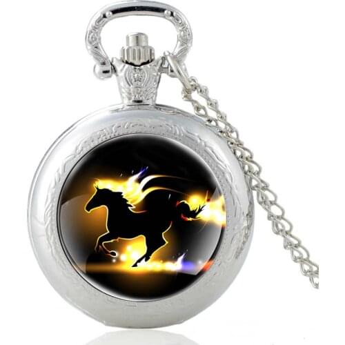 Blaze Horse Pattern Silver Vintage Quartz Pocket Watch Pendant Clock Watch Men Women Charm Glass Dome Necklace Best Gifts
