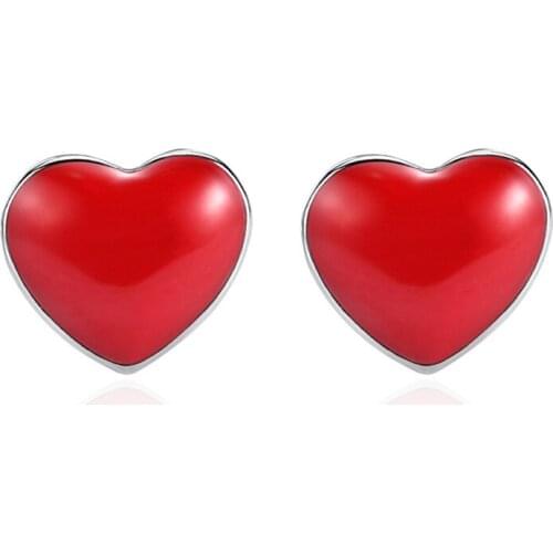Promotion 925 Sterling Silver Fashion Red Love Heart Ladiesstud Earrings Women Anti Allergy Jewelry Christmas Gift