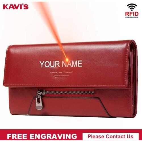 KAVIS Womens Leather Wallet Lady Female Coin Purse Hasp Portomonee Clutch Money Bag Card Holder Long Handy Perse Free Engraving