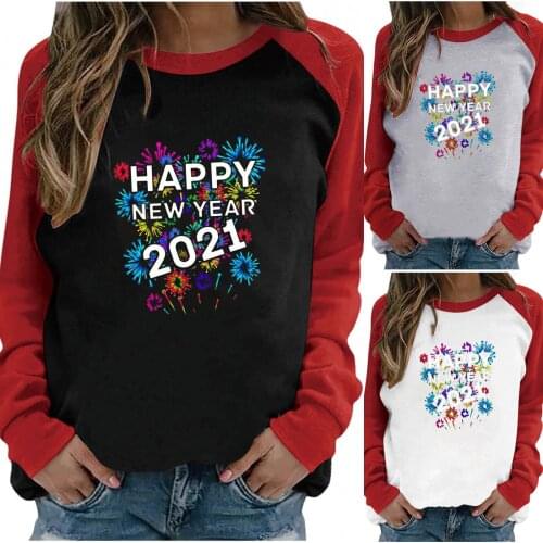 S-3XL 2021 Happy New Year Ladies Casual Pullover Firework Print Sweatshirt Long Sleeve Sweatshirt oversized sweatshirt Korean F4