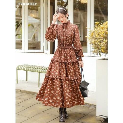 TIYIHAILEY Free Shipping Floral Print Women Boshow Long Maxi Flower Lantern Sleeve Dress Spring Autumn Gorgeous Big Hem Brown