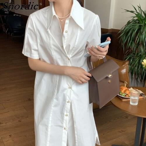 2021 Women Summer White Vintage Long Shirt Dress Lapel Collar Asymmetrical Single Breasted Loose Maxi Sundress