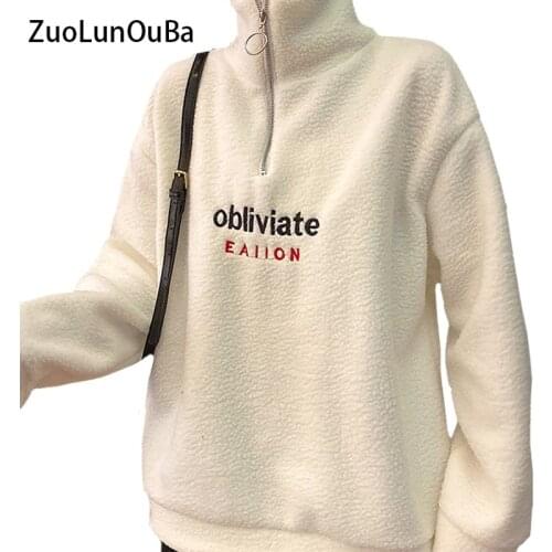 ZuoLunOuBa Winter Women Hoody Lamb Wool Zip Half High Collar Sweatshirt Embroidered Letters Obliviate White Commute Pullover