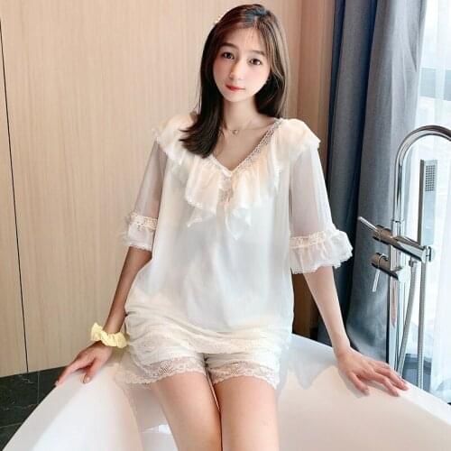 2021 Summer Sweet Lace Princess Short Sleeve Shorts Pajama Sets Women V-neck Sleepwear Suit Pyjama Homewear Pijama Mujer Clothes