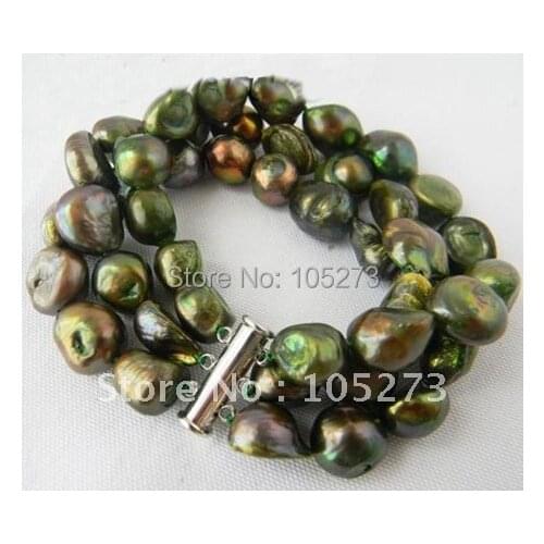 3Strands 8-12mm 8inch Green Baroque Freshwater Pearl Bracelet Fashion Pearl Jewelry Wholesale New Free Shipping