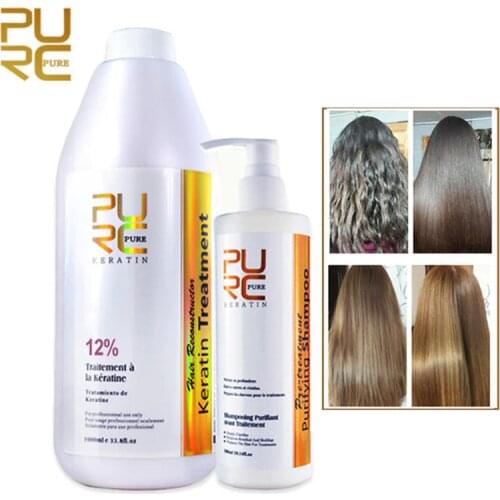 PURC 12% Formalin Brazilian Chocolate Keratin Hair Straightening Treatment + Purifying Shampoo Repair Damaged Hair Care Set