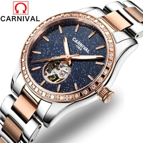 CARNIVAL Brand Women Fashion Automatic Watches Ladies Waterproof Luminous Sapphire Hollow Mechanical Wristwatch Relogio Feminino