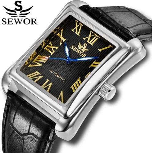 Fashion Men Automatic Mechanical Watch SEWOR Mens Watches Men Spuare dial Leather strap Wristwatch Relogio Masculino