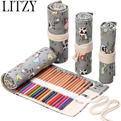 12/24/36 Hole Animal Pencil Case Kawaii Stationery Roll Pencil Bag Canvas Pen Box Student Art Painting Storage Bag School Supply