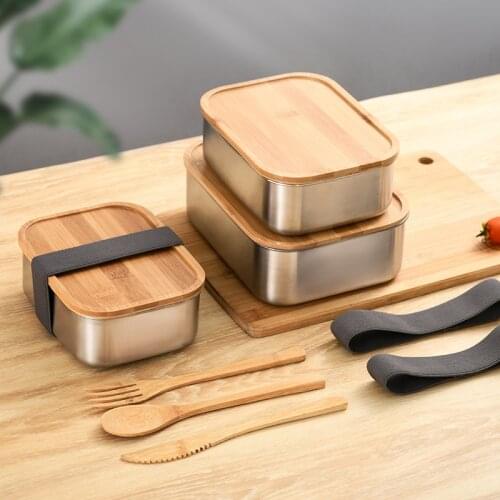 Wooden Lid Lunch Box 304 Stainless Steel Japanese Style Bento Box Bamboo Cover Food Container Portable Lunch Bag Picnic Sandwich