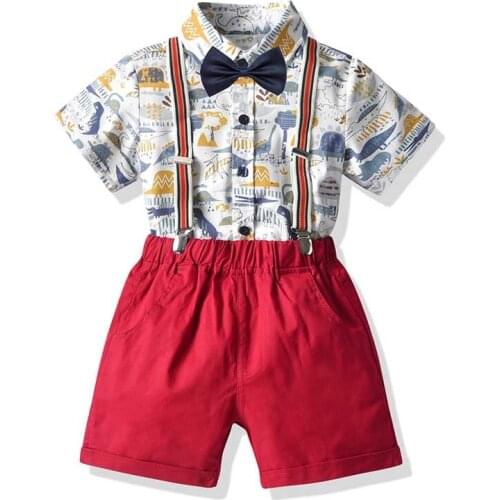 Childrens Summer Short Sleeve Print Shirt Bow Tie Bib Three-Piece Suit Set Casual Gentleman Boy Dress 0-6 Years Old