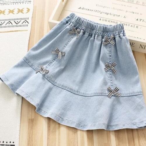 Kids Girls Denim Skirts Princess Cute Bow Jean Skirts 2021 New Summer Children Casual Blue Skirts Korean Style Age For 3-7Y