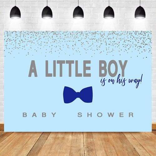 Baby Shower Backdrop Little Boy is On His Way Background Blue Bow Tie Gentleman Backdrops Birthday Party Banner Background Props