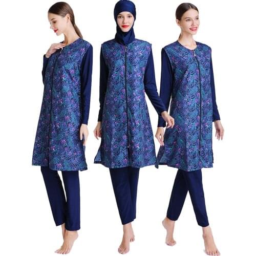 Women Large Size Printed Floral Full Cover Muslim Swimwear Women Islamic Conservative Swimsuit Hijab Beachwear Bathing zipper