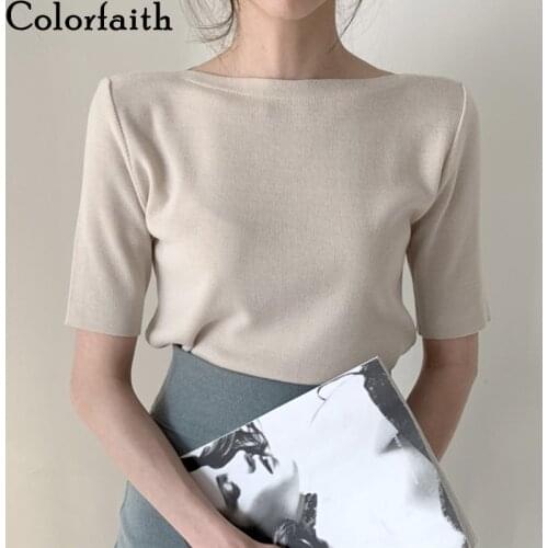 Colorfaith New 2021 Women Summer T-Shirt Bottoming Basic Solid Fashionable Knitted Minimalist Style Korean Wild Lady Tops T7609