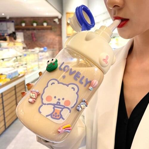 Kawaii Jumbo Bear Water Bottle With Straw Sticker Sport Plastic Outdoor Portable Juice Milk Big Drinking Bottles Jug BPA Free
