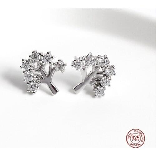 LKO 925 Sterling Silver Tree Of Life Christmas Wishing Tree Zircon Crystal Stud Earrings for Women Jewelry Ornaments Ear
